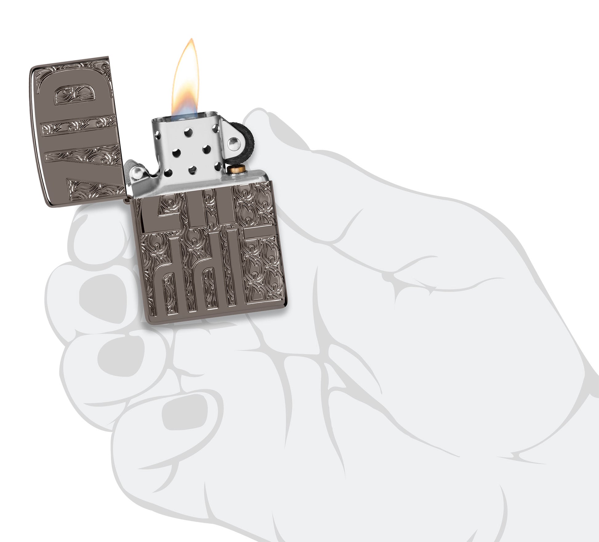 Zippo Reverse Carve Zippo Design Armor® Black Ice® Windproof Lighter lit in hand.