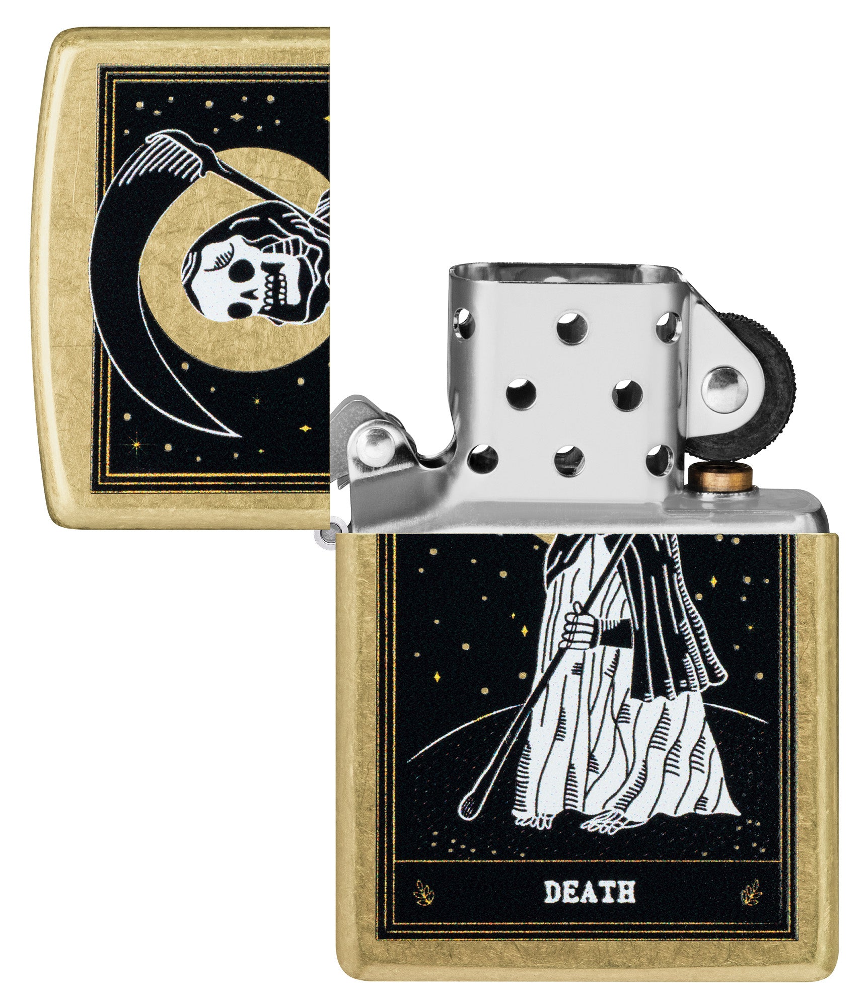 Zippo Death Card Desig Street Brass Windproof Lighter with its lid open and unlit.