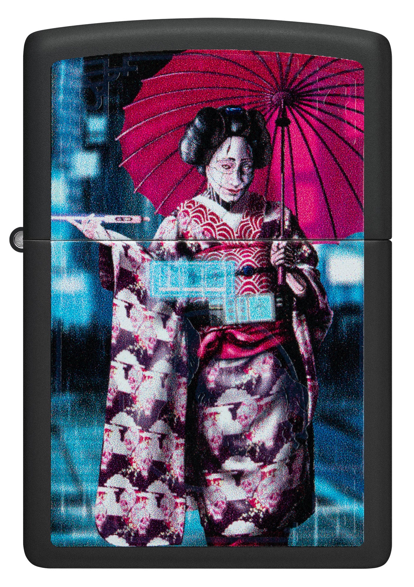 Front shot of Zippo Black Light Cyber Kimono Design Black Matte Windproof Lighter.