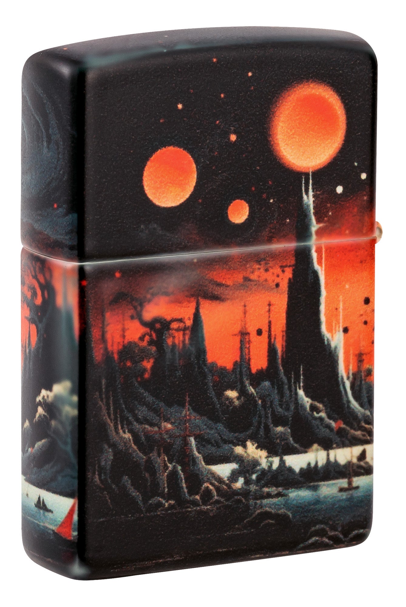 Back shot of Zippo Galactic Landscape Design 540 Matte Windproof Lighter standing at a 3/4 angle.