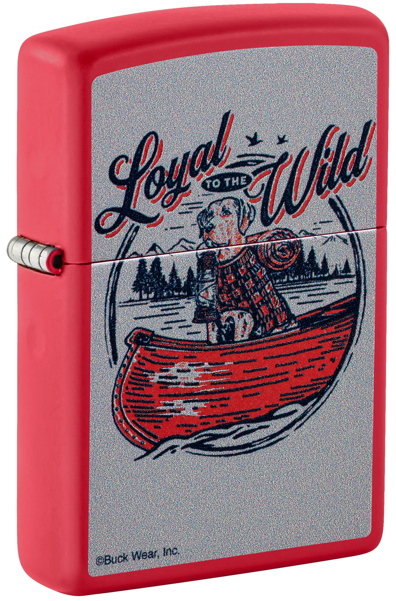 Front shot of Zippo Buck Wear™ Loyal to the Wild Design Red Matte Windproof Lighter
 standing at a 3/4 angle.