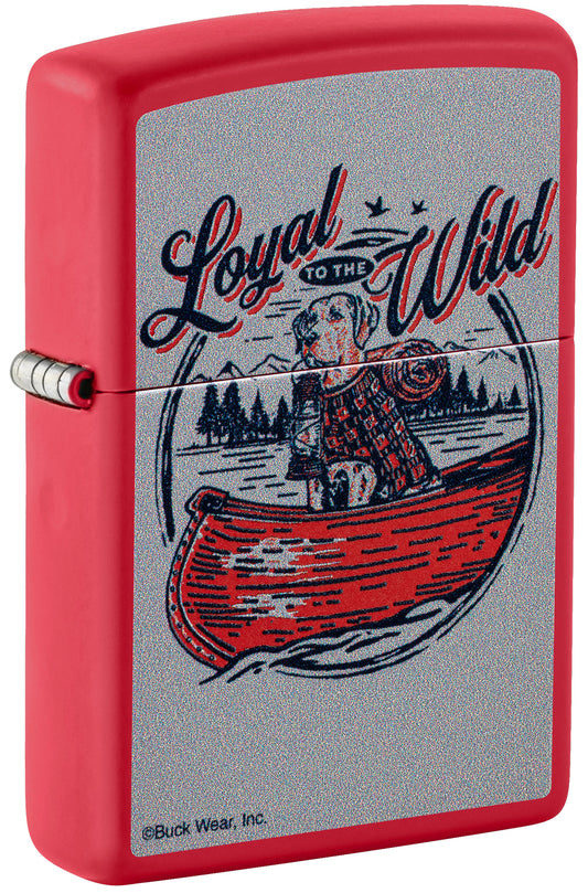 Front shot of Zippo Buck Wear™ Loyal to the Wild Design Red Matte Windproof Lighter
 standing at a 3/4 angle.