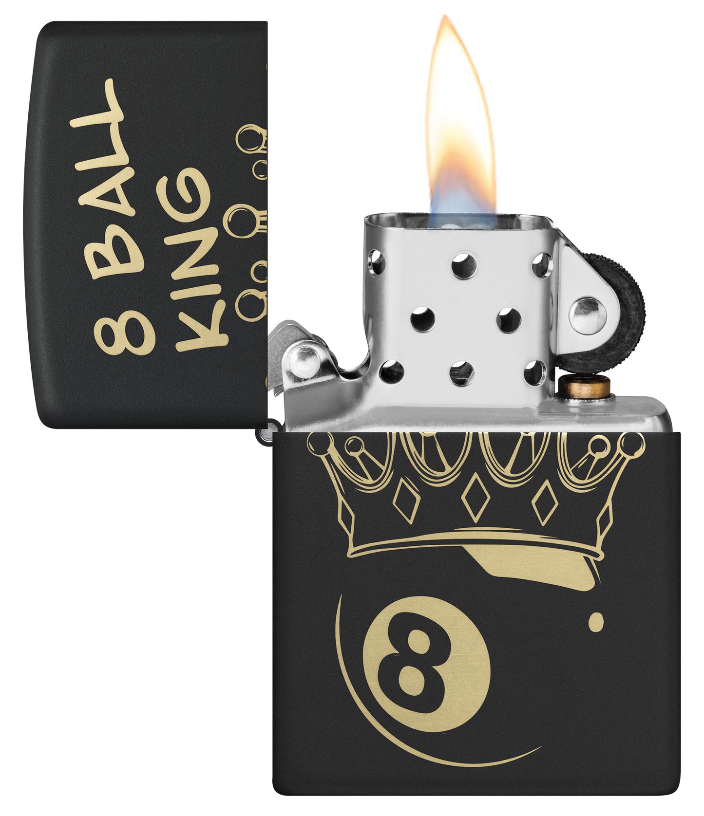 Zippo Billiards Champion Design Black Matte Windproof Lighter with its lid open and lit.