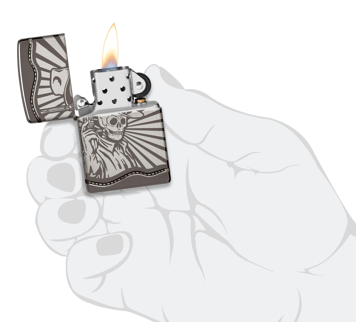 Zippo Skeleton Cowboy Design Armor® Black Ice Windproof Lighter lit in hand.
