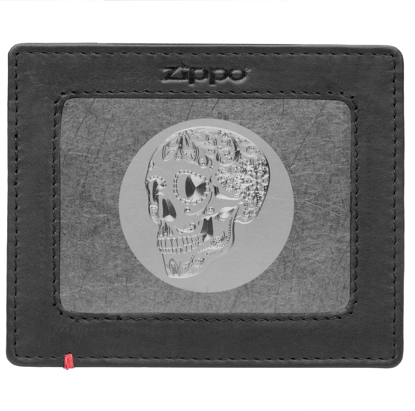 Front of black Leather Wallet With Skull Metal Plate - ID Window