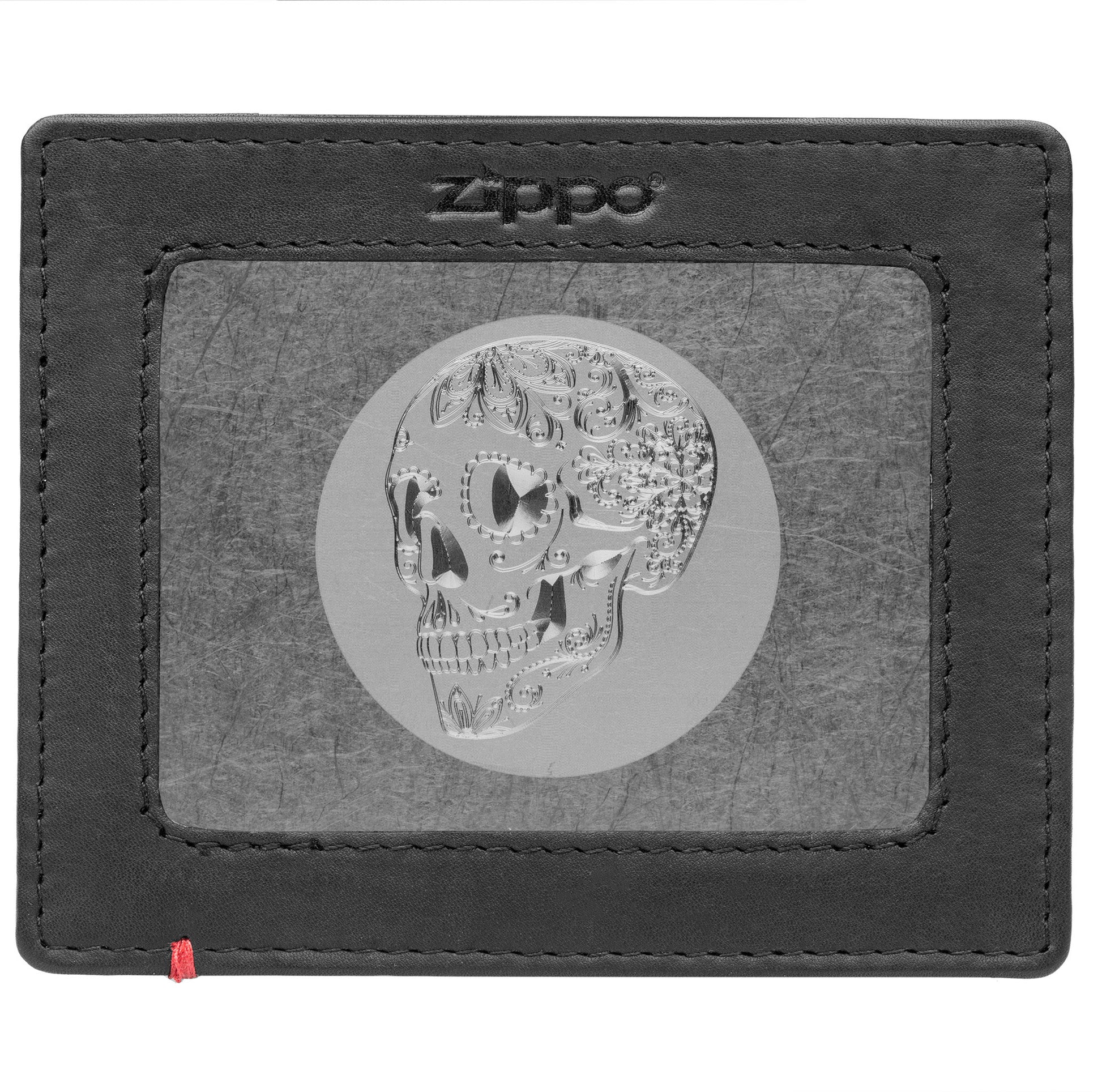 Front of black Leather Wallet With Skull Metal Plate - ID Window