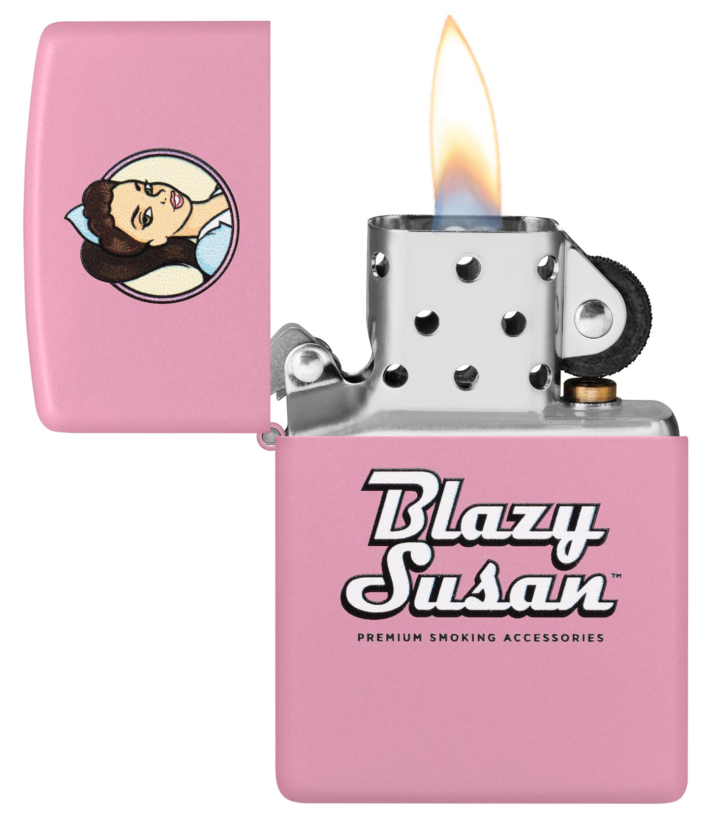 Zippo Blazy Susan™ Pink Logo Design Pink Matte Windproof Lighter with its lid open and lit.