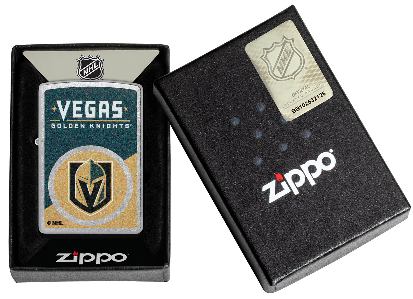Zippo NHL® Vegas Golden Knights® 2024 Street Chrome™ Windproof Lighter in its packaging.