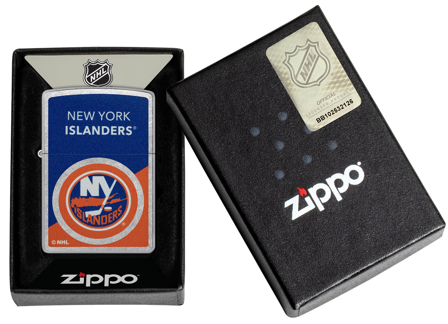 Zippo NHL® New York Islanders® 2024 Street Chrome™ Windproof Lighter in its packaging.