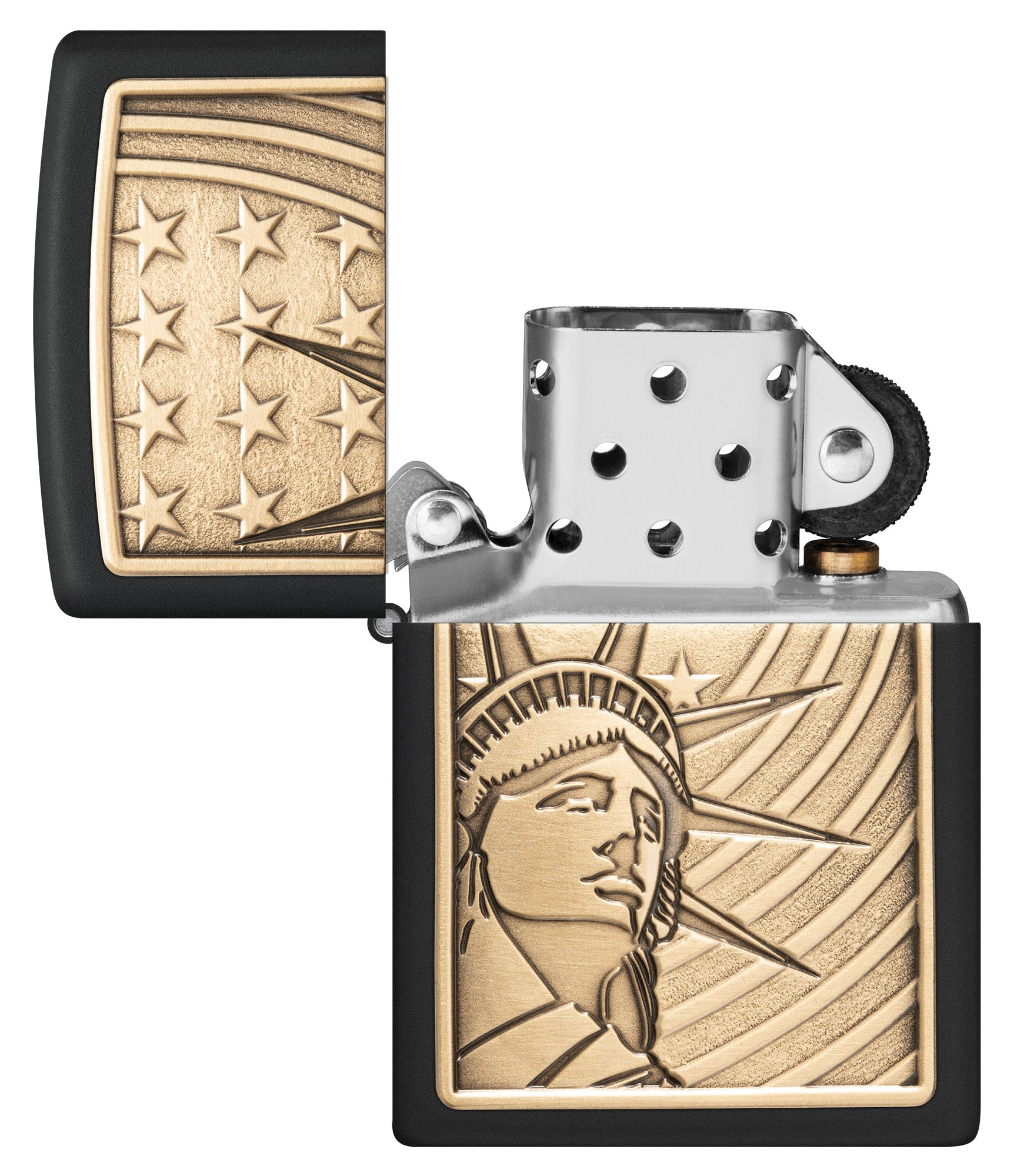 Zippo Lady Liberty Emblem Black Matte Windproof Lighter with its lid open and unlit.