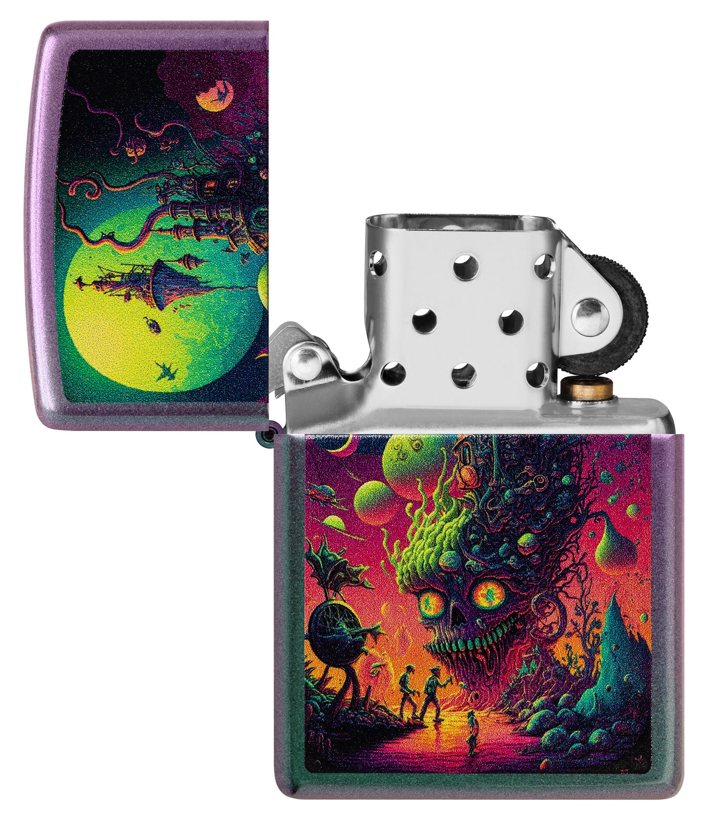 Zippo Distant Lands Design Iridescent Windproof Lighter with its lid open and unlit.
