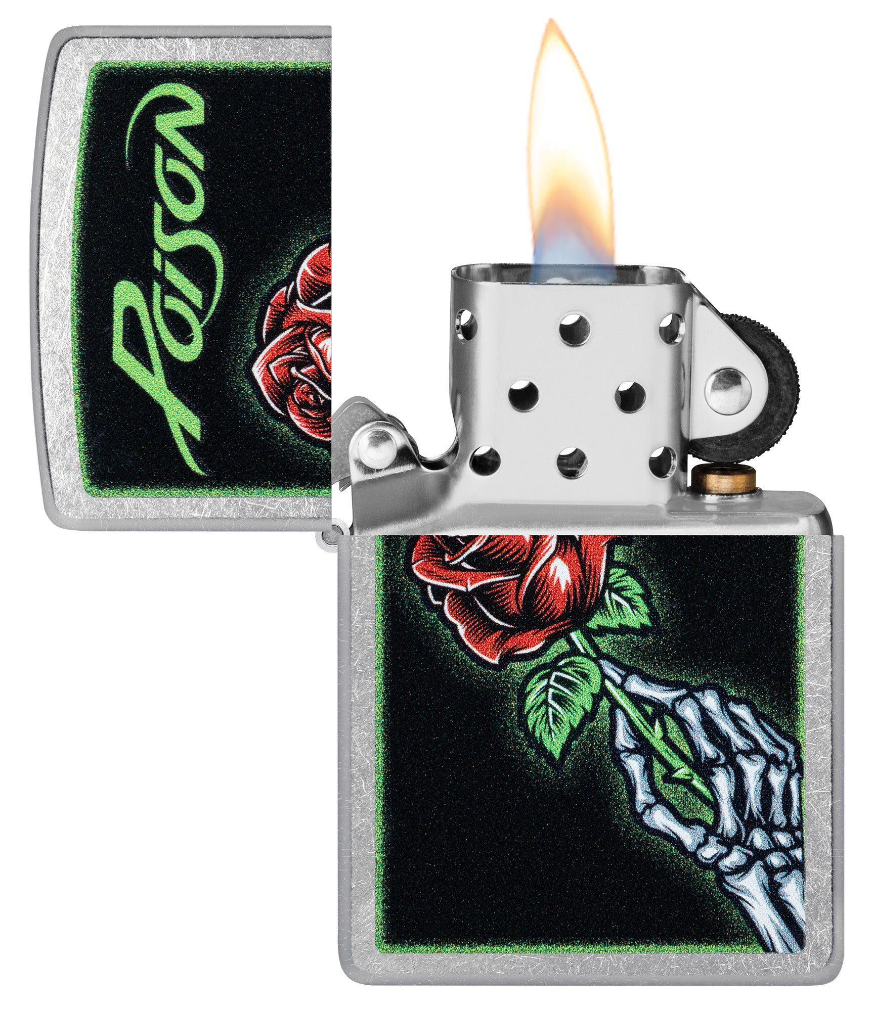Zippo Poison Vibrant Rose Design Street Chrome Windproof Lighter with its lid open and lit.