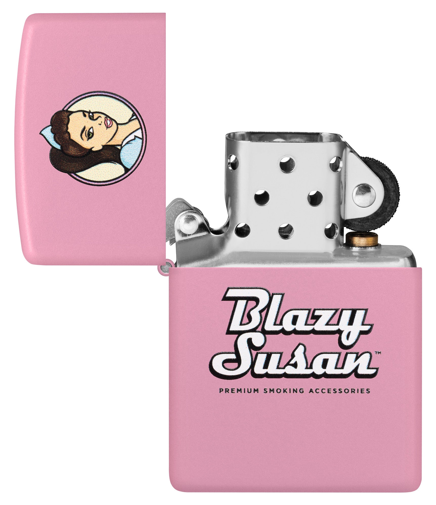 Zippo Blazy Susan™ Pink Logo Design Pink Matte Windproof Lighter with its lid open and unlit.