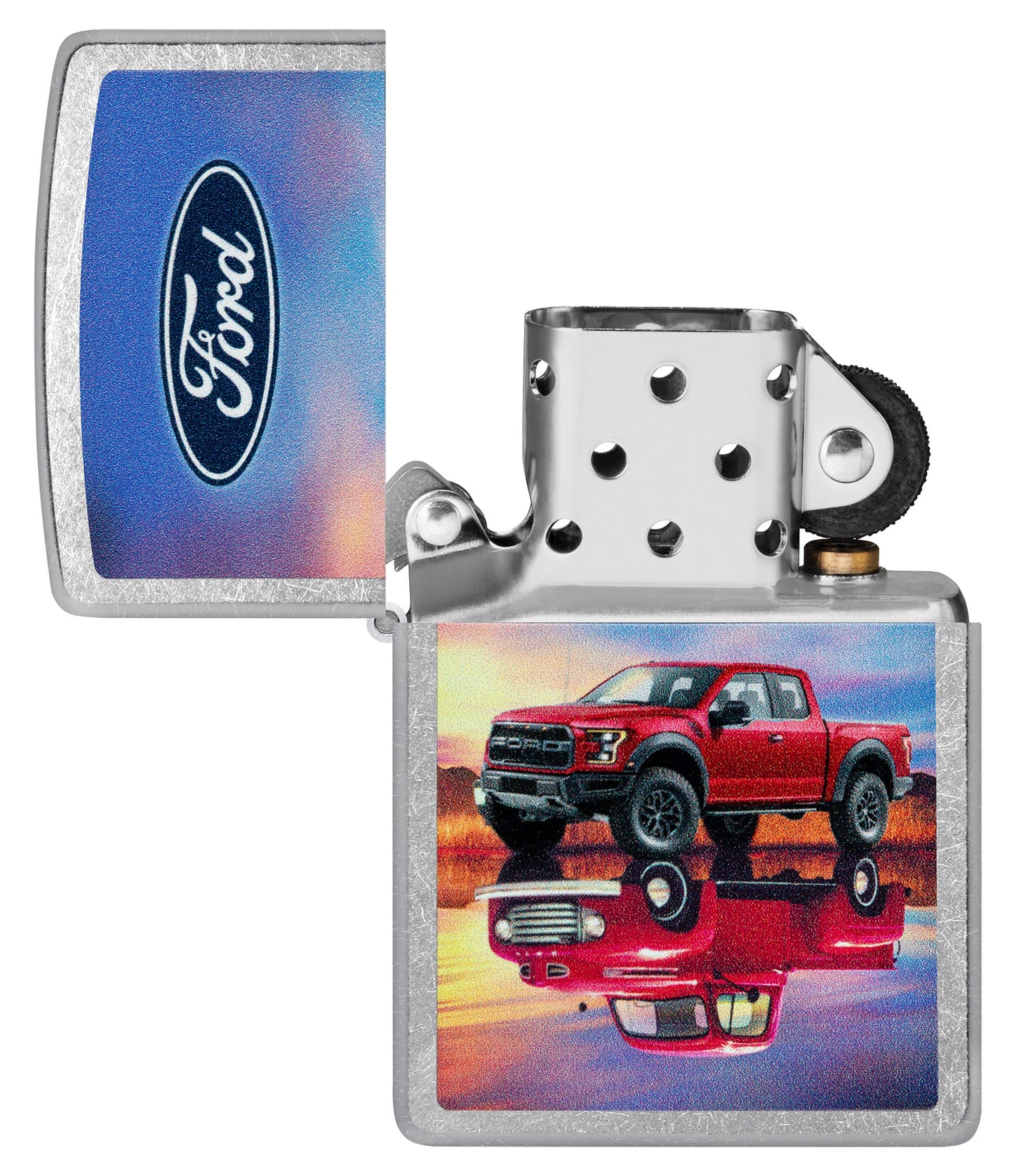 Zippo Ford F-Series Design Street Chrome Windproof Lighter with its lid open and unlit.