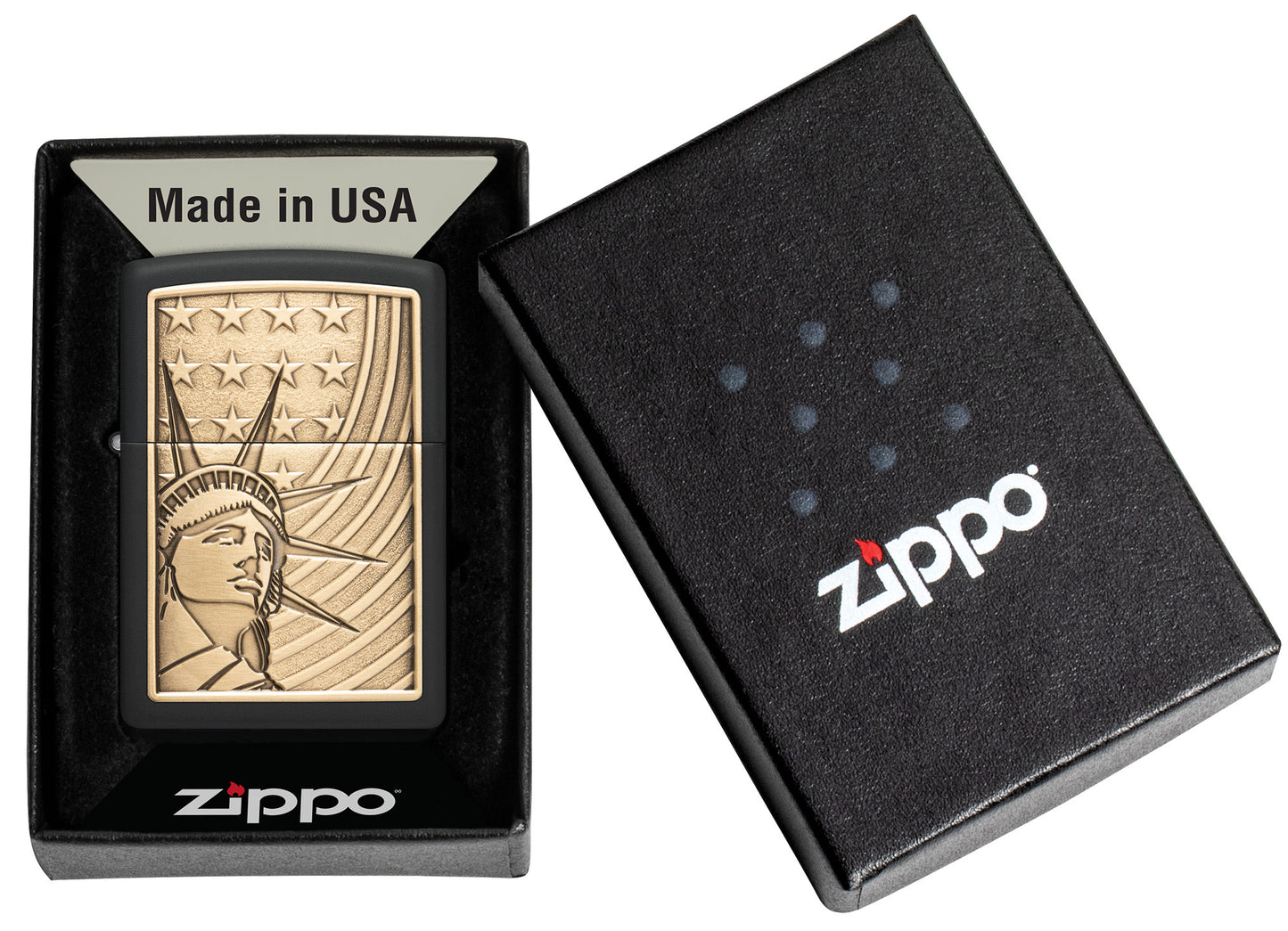 Zippo Lady Liberty Emblem Black Matte Windproof Lighter in its packaging.