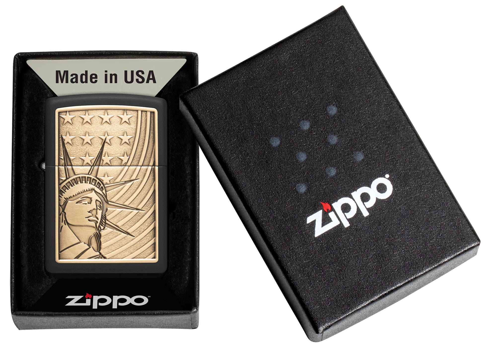 Zippo Lady Liberty Emblem Black Matte Windproof Lighter in its packaging.
