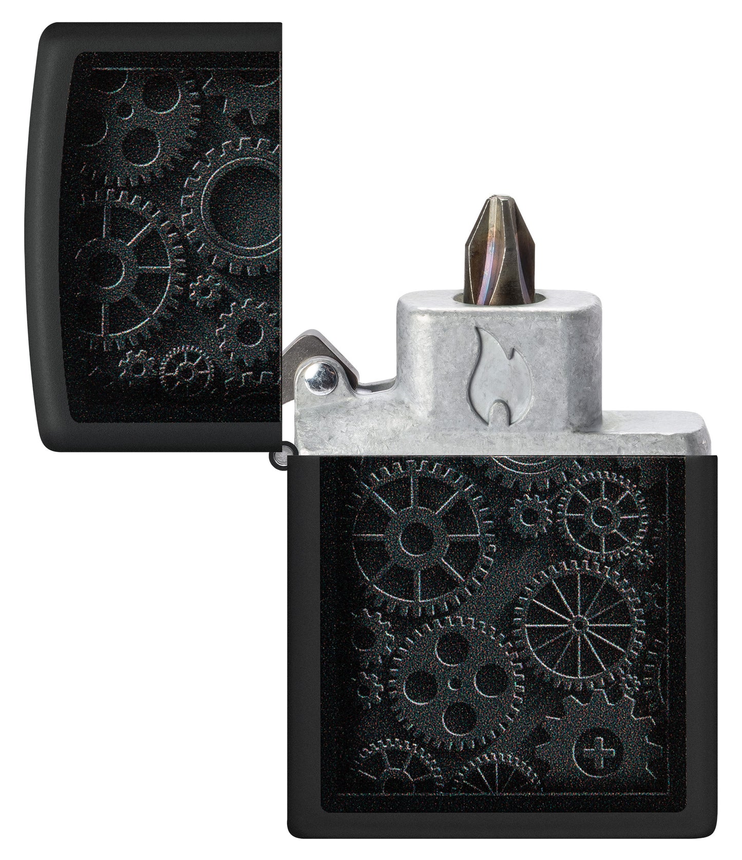 Steampunk Design Windproof Lighter with its lid open and showing the Bit Safe Screwdriver USA. 
