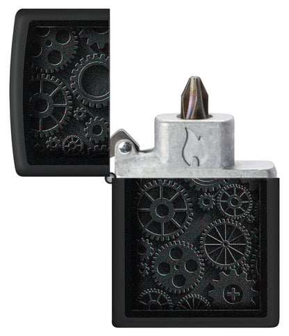 Steampunk Design Windproof Lighter with its lid open and showing the Bit Safe Screwdriver USA. 
