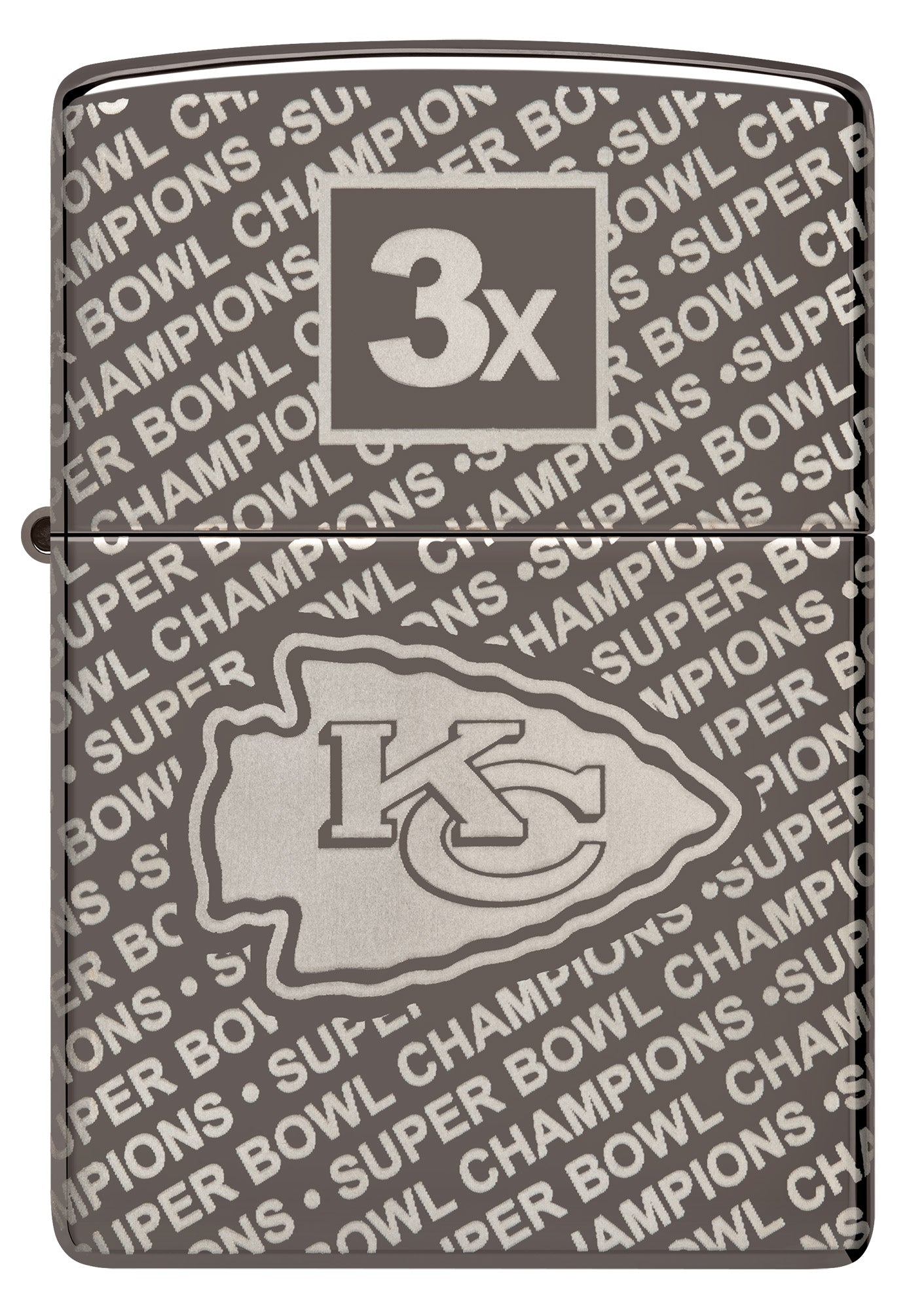 Front view of Zippo NFL Kansas City Chiefs Super Bowl Commemorative Armor Black Ice Windproof Lighter.