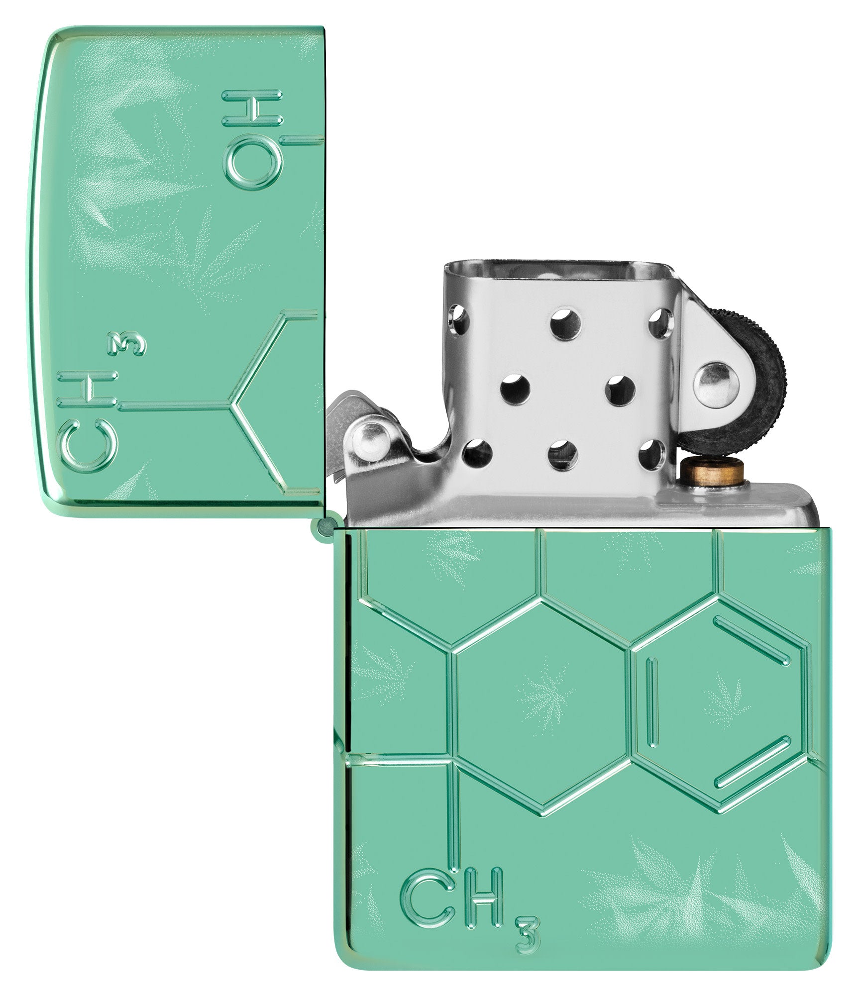 Zippo Cannabis Compound Design Armor® High Polish Green Windproof Lighter with its lid open and unlit.