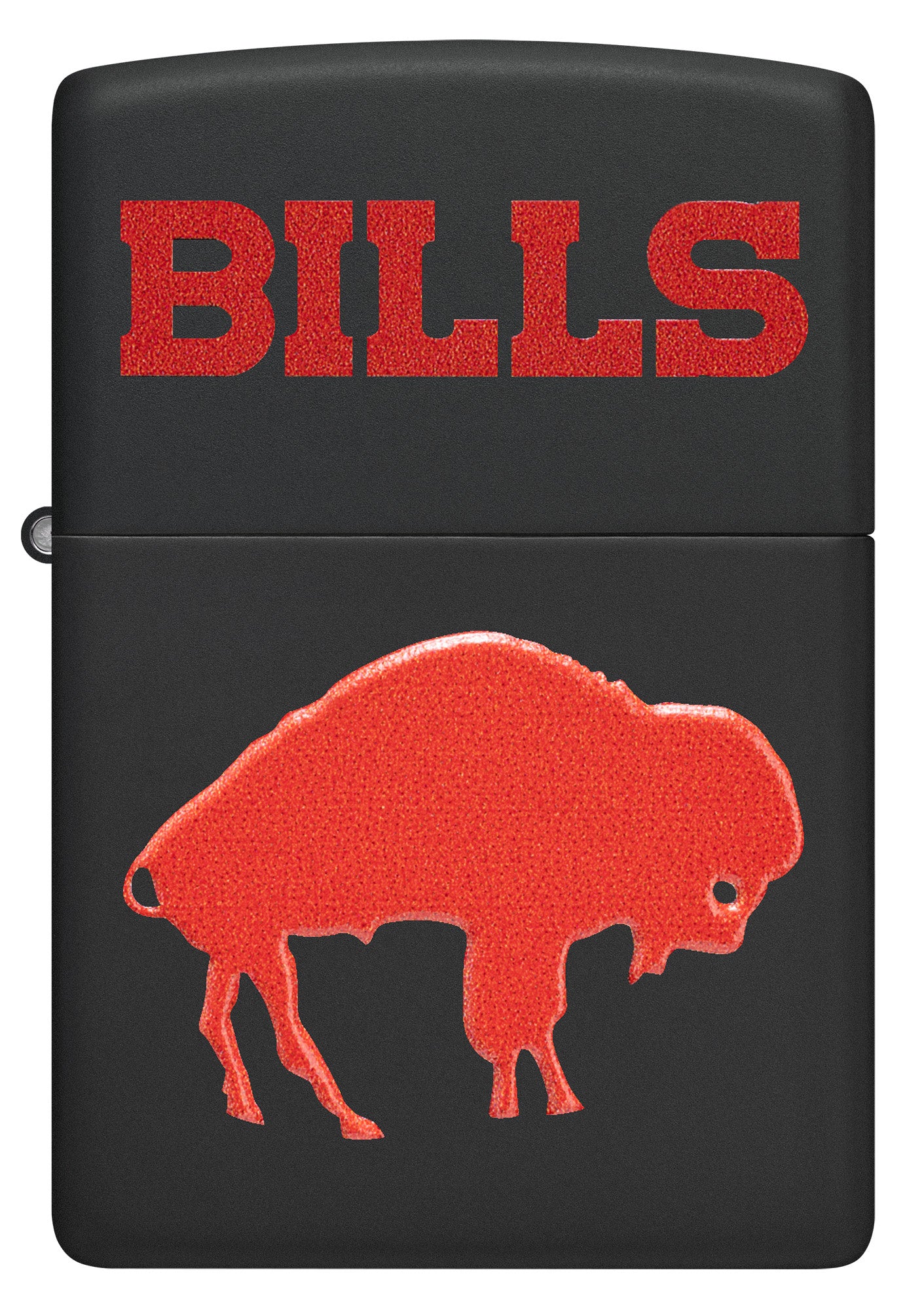 Front view of Zippo 2024 NFL Buffalo Bills Exclusive Black Matte Windproof Lighter.