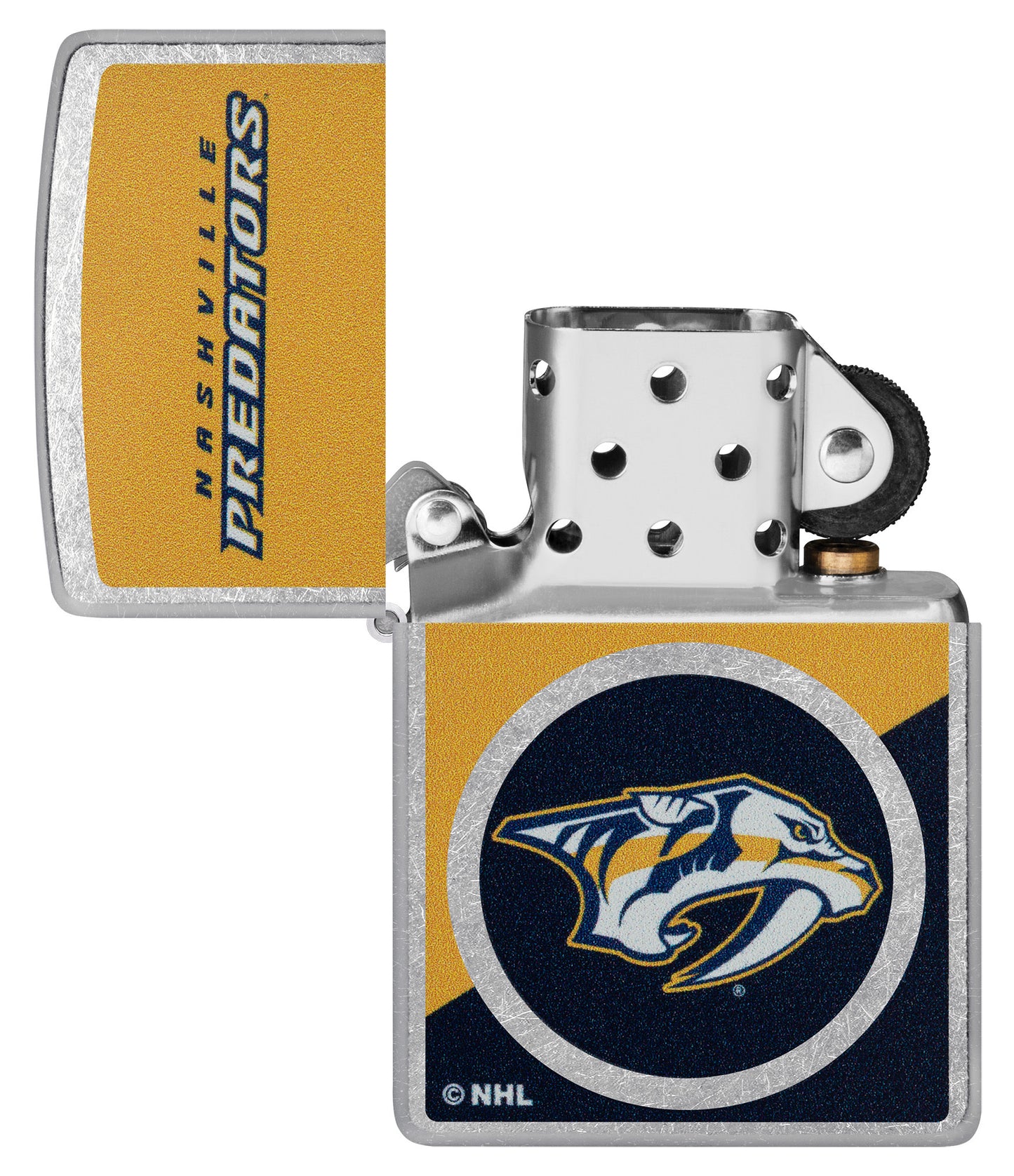 Zippo NHL® Nashville Predators® 2024 Street Chrome™ Windproof Lighter lit in hand.