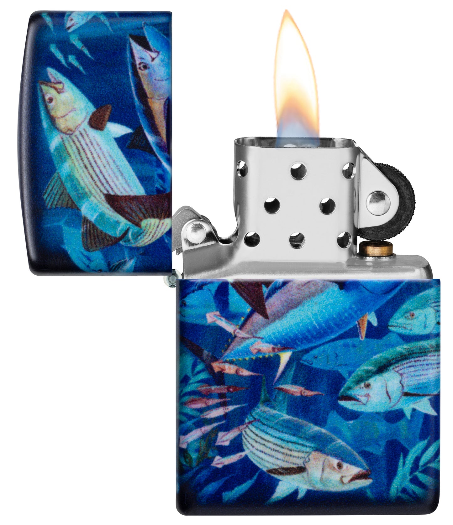 Zippo Guy Harvey School of Fish Design White 540 Matte Windproof Lighter with its lid open and lit.