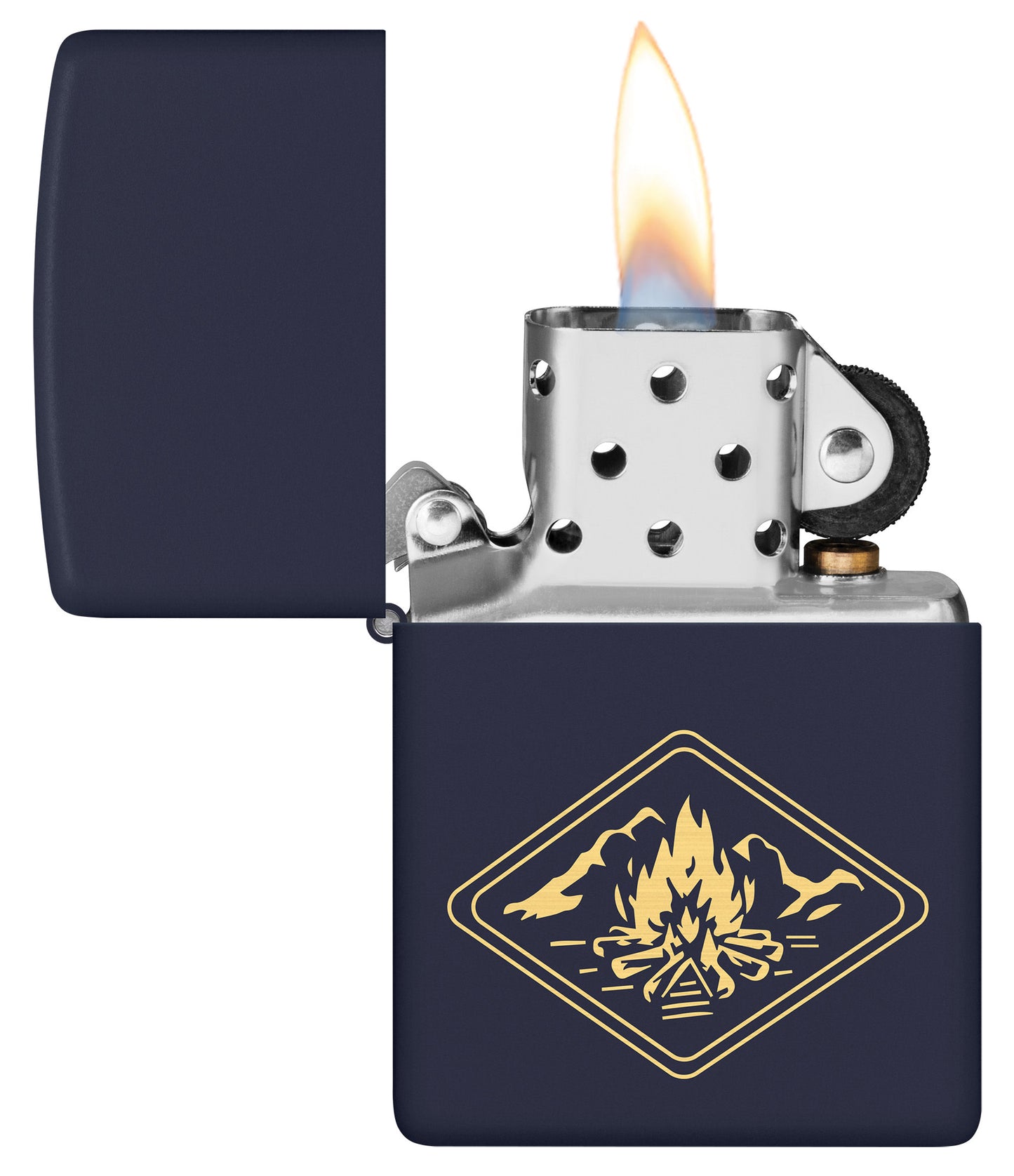 Zippo Campfire Design Navy Matte Windproof Lighter with its lid open and lit.