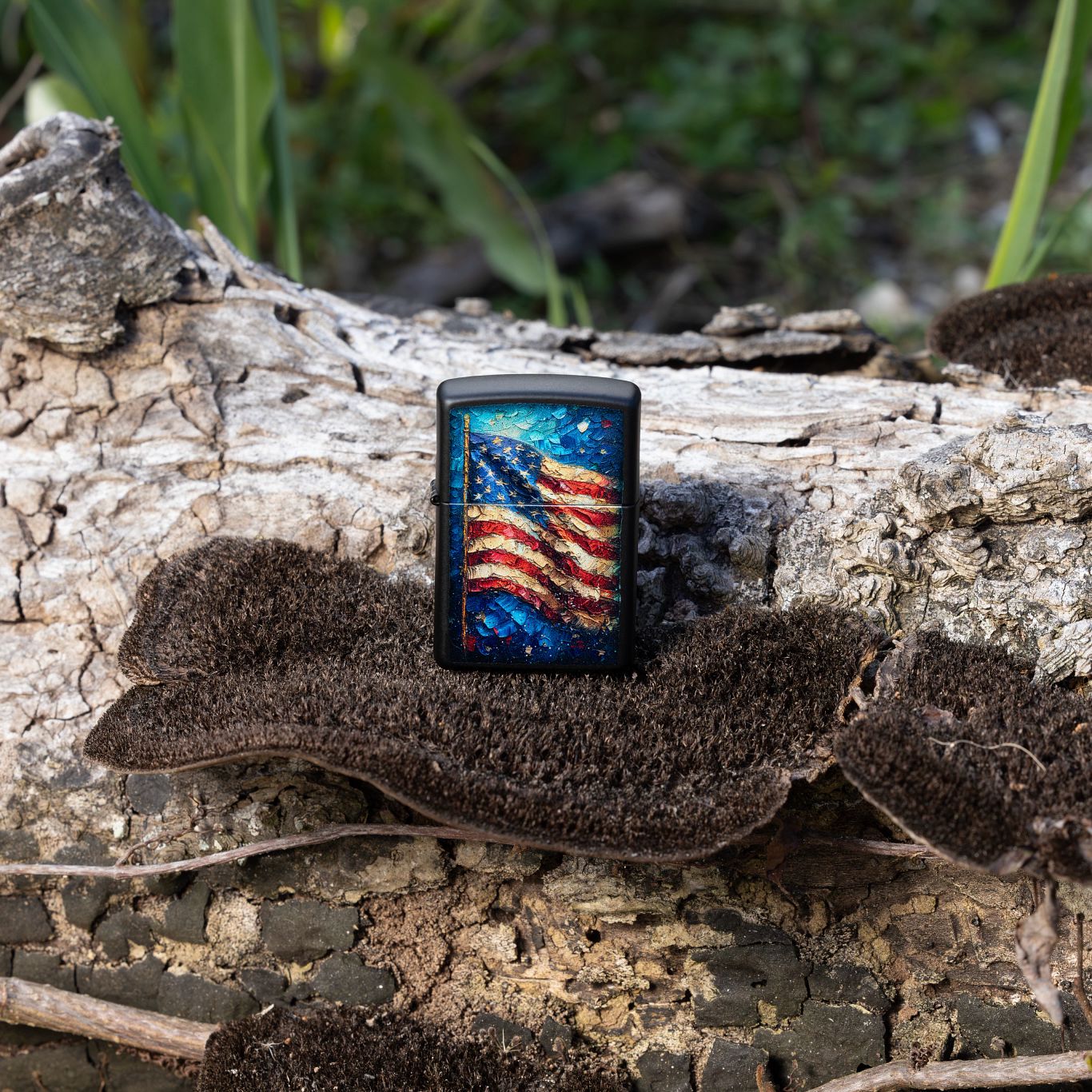 Lifestyle image of Zippo Painted Flag Design Black Matte Windproof Lighter standing on a fungus covered log.