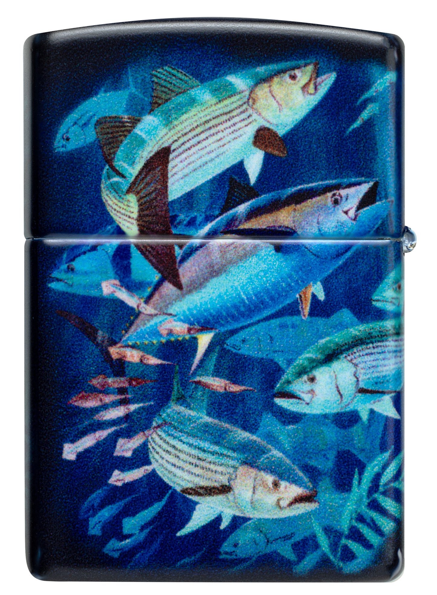 Back view of Zippo Guy Harvey School of Fish Design White 540 Matte Windproof Lighter.