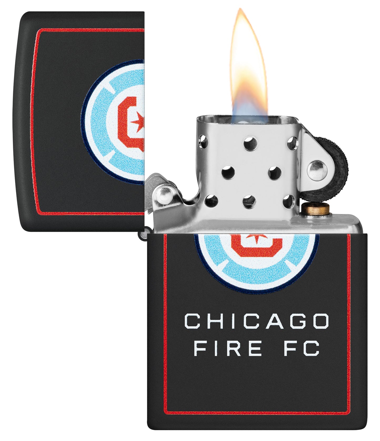 Zippo Chicago Fire FC Windproof Lighter with its lid open and lit.