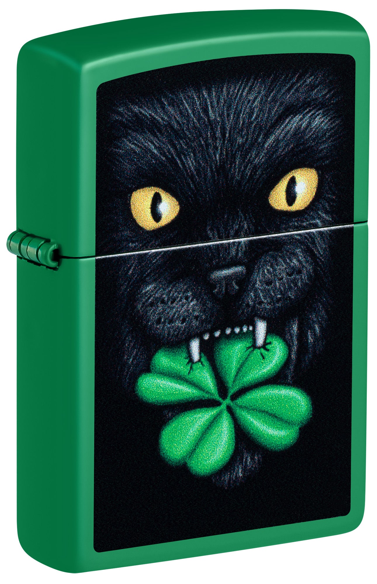 Front shot of Zippo Feline Lucky Design Grass Green Matte Windproof Lighter standing at a 3/4 angle.