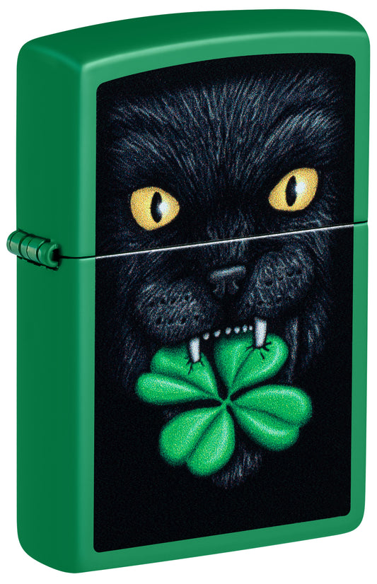 Front shot of Zippo Feline Lucky Design Grass Green Matte Windproof Lighter standing at a 3/4 angle.