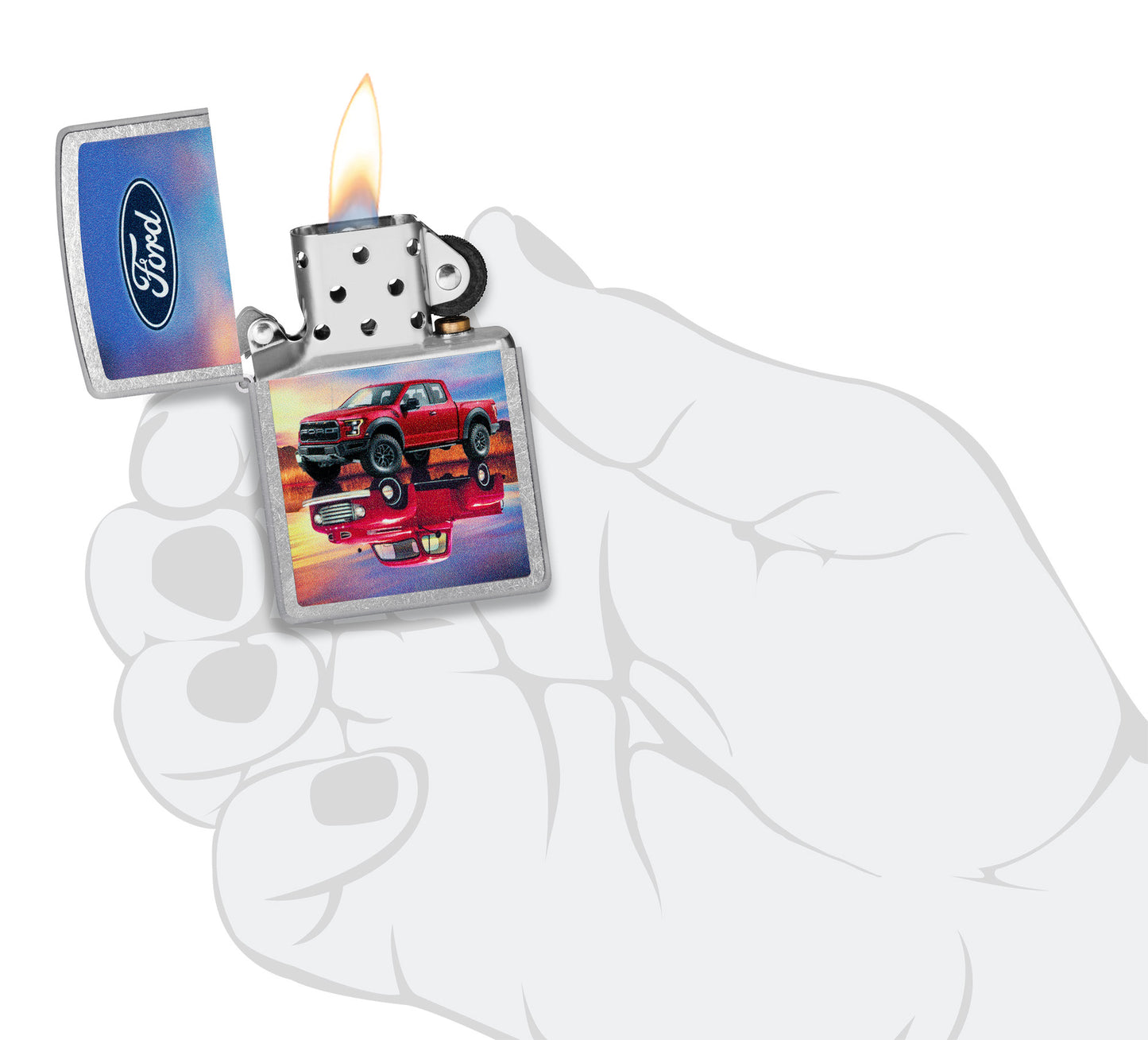 Zippo Ford F-Series Design Street Chrome Windproof Lighter lit in hand.