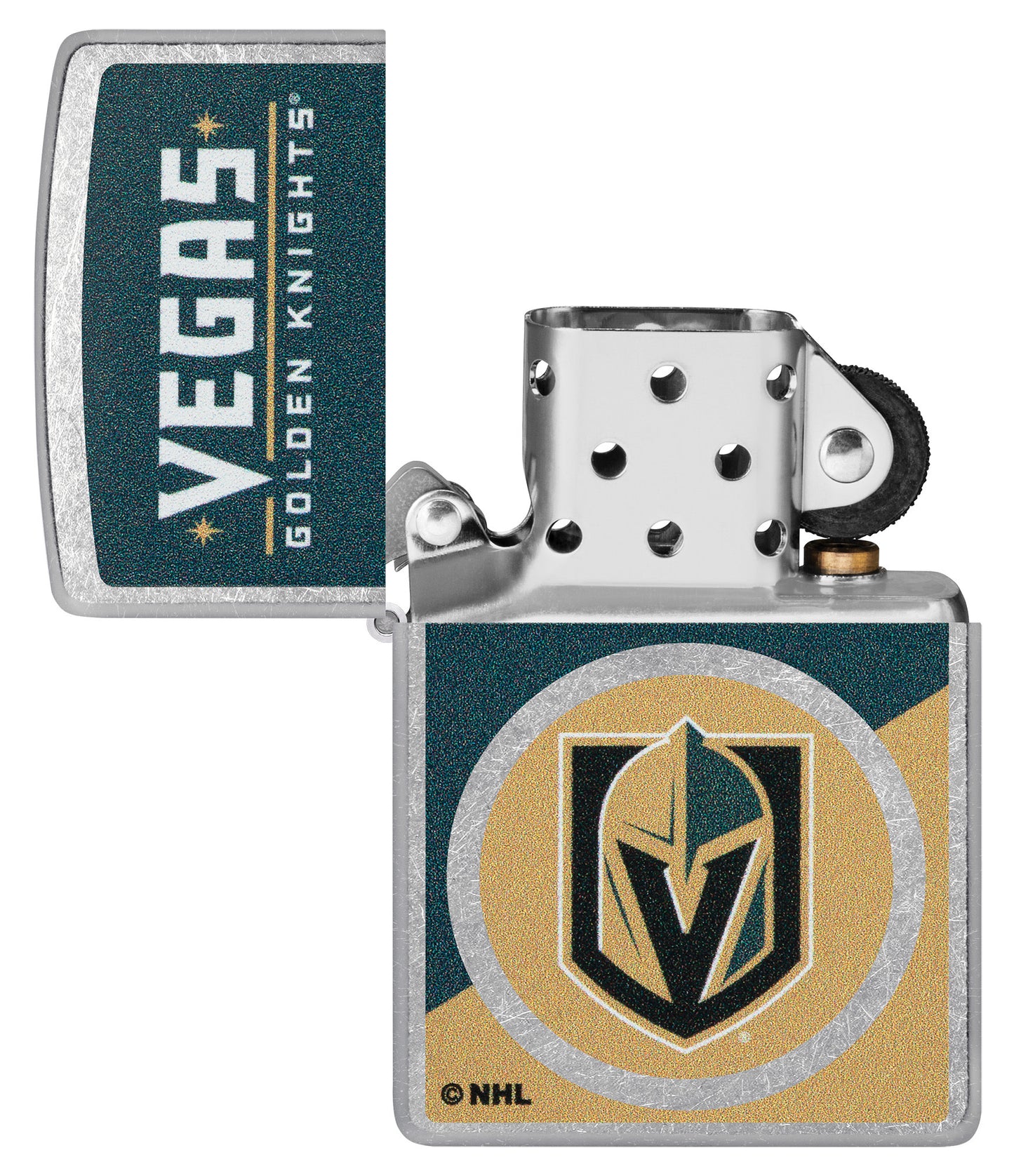 Zippo NHL® Vegas Golden Knights® 2024 Street Chrome™ Windproof Lighter lit in hand.