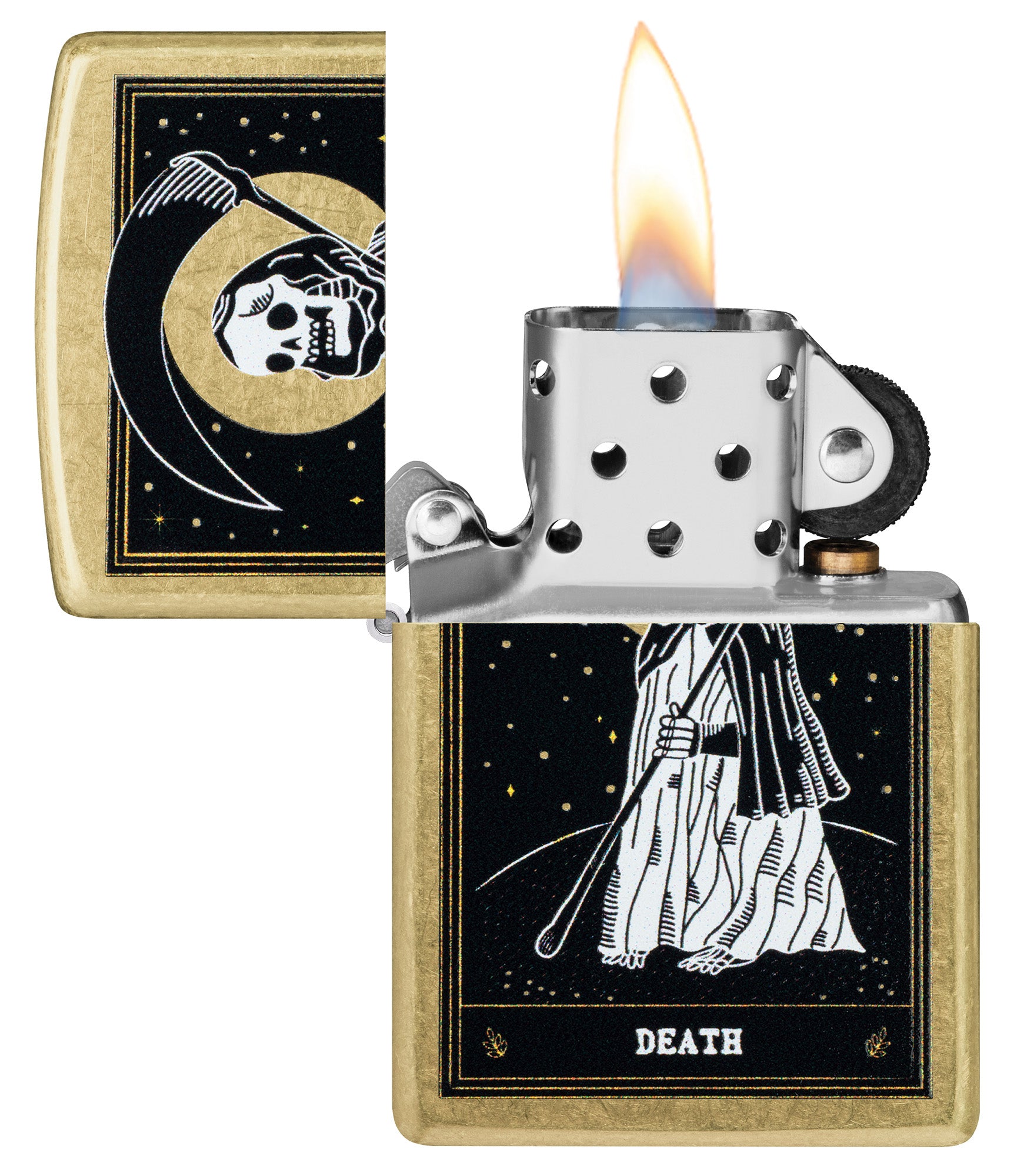 Zippo Death Card Desig Street Brass Windproof Lighter with its lid open and lit.