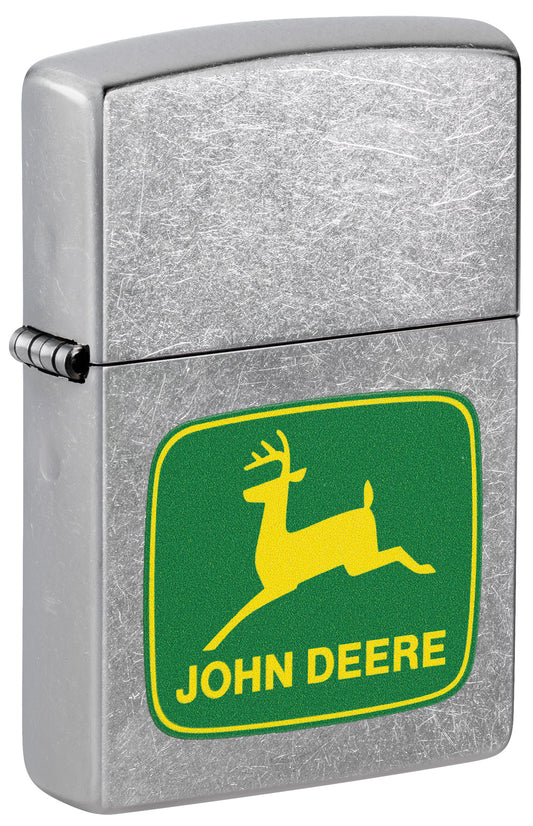 Front shot of Zippo John Deere Leaping Deer Design Street Chrome Pocket Lighter standing at a 3/4 angle.