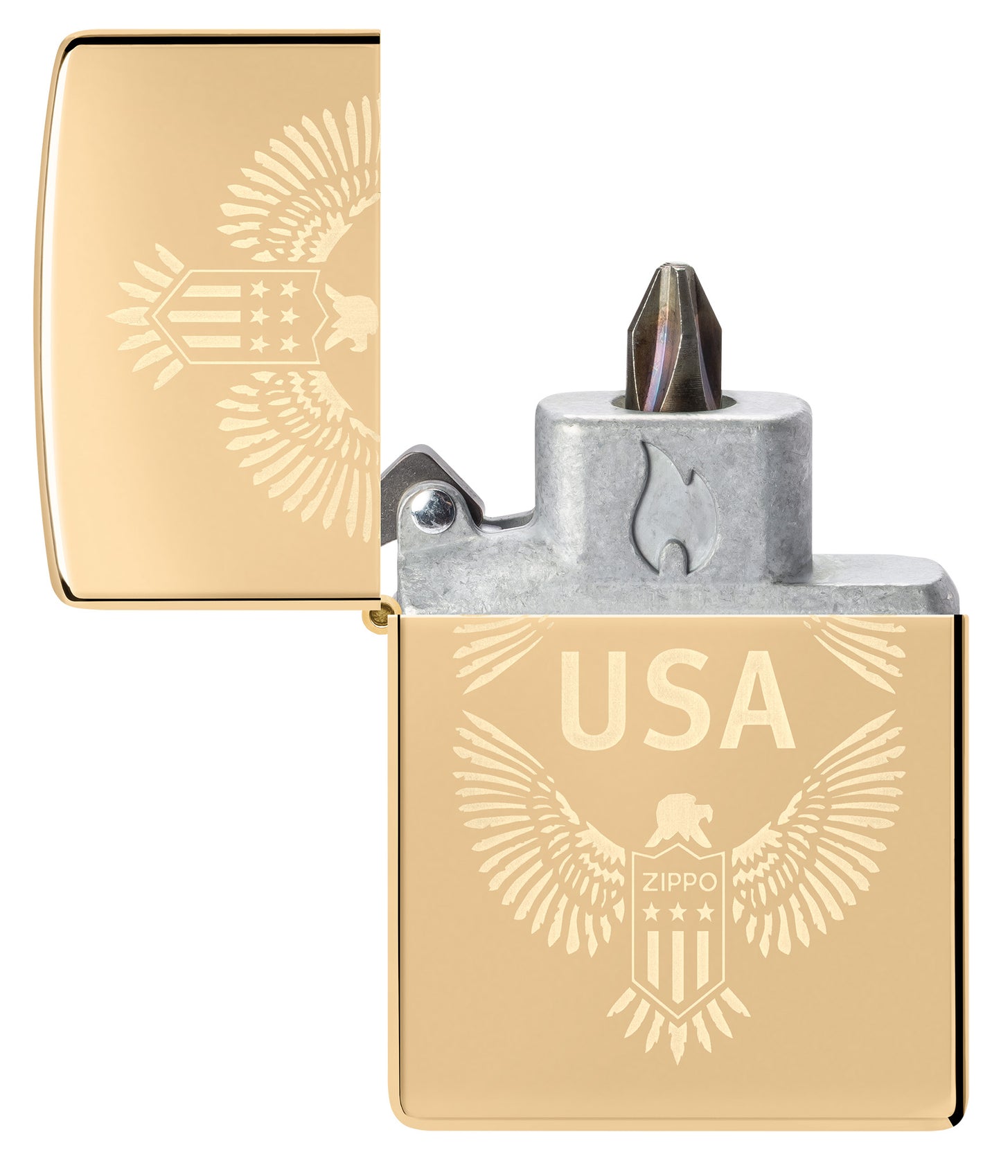 USA Design Windproof Lighter with its lid open and showing the Bit Safe Screwdriver USA.