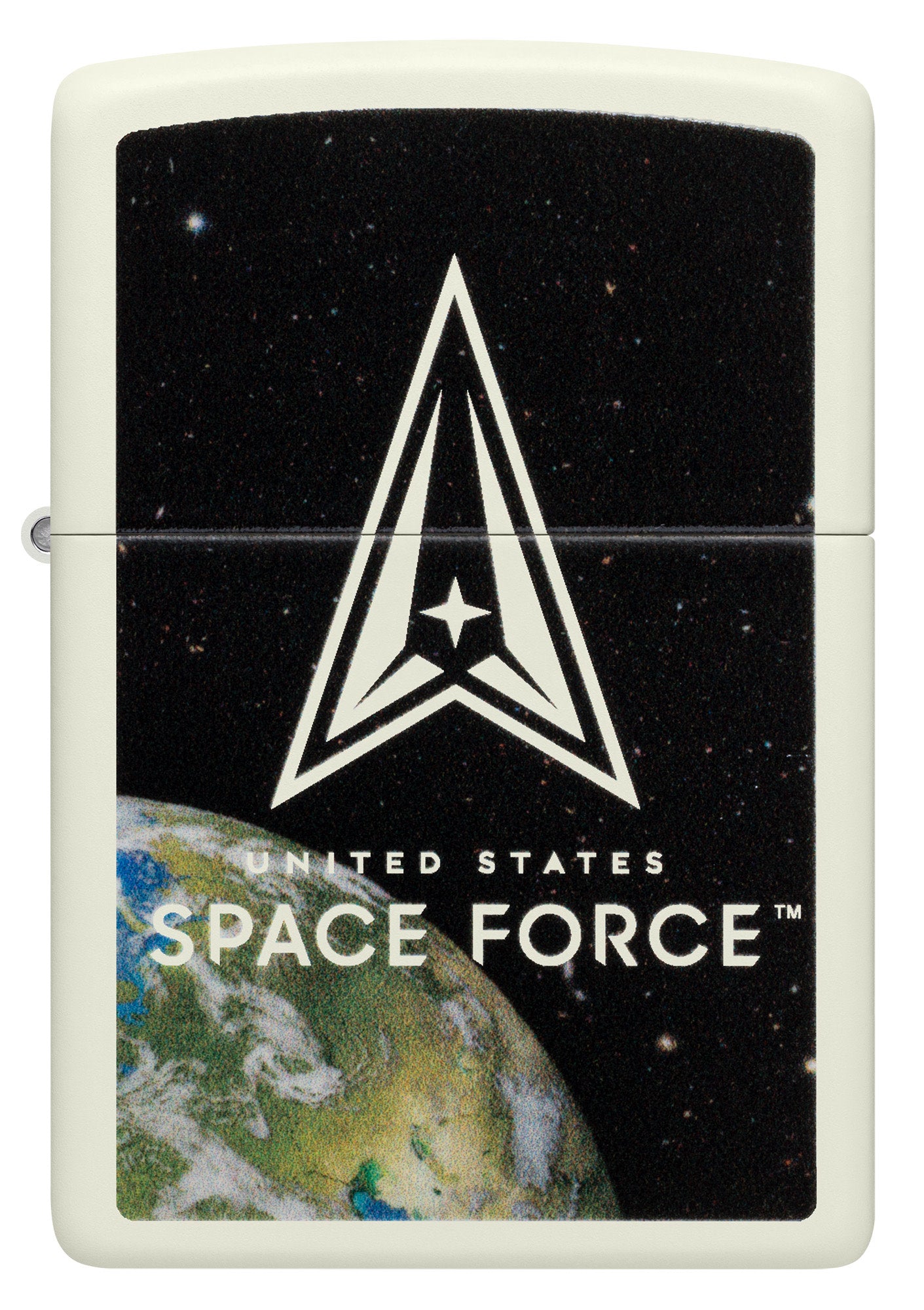 Front view of Zippo U.S. Space Forceâ„¢ Glow in the Dark Windproof Lighter.