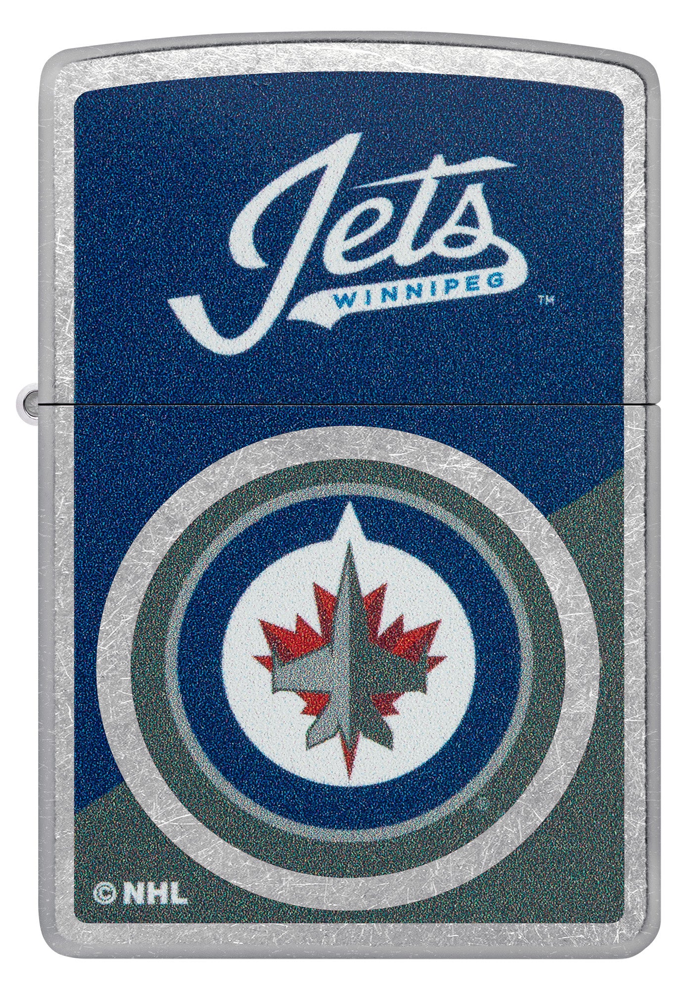 Zippo NHL® Winnipeg Jets™ 2024 Street Chrome™ Windproof Lighter with its lid open and lit.