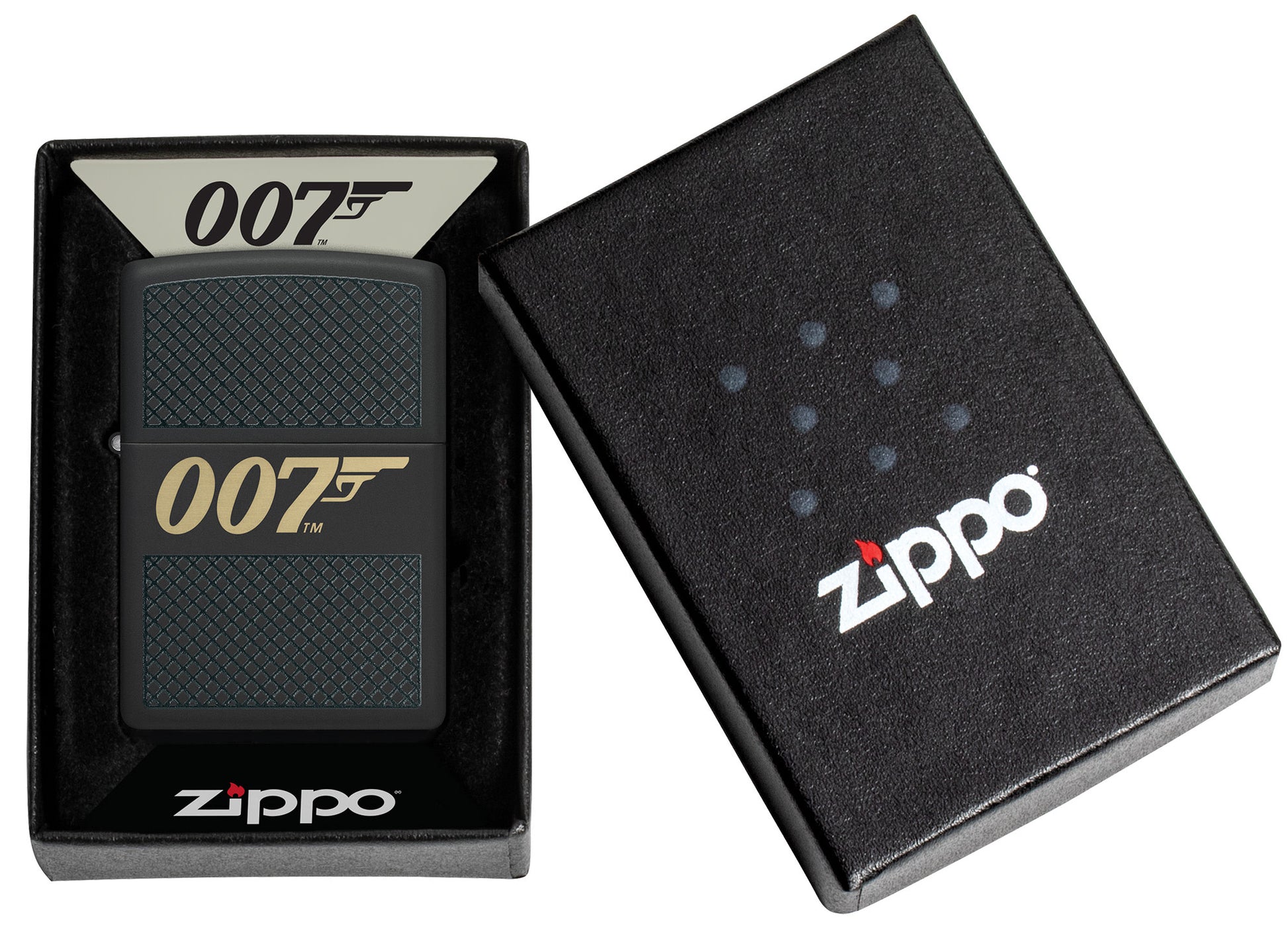 Zippo James Bond 007â„¢ Design Black Matte Windproof Lighter in its packaging.