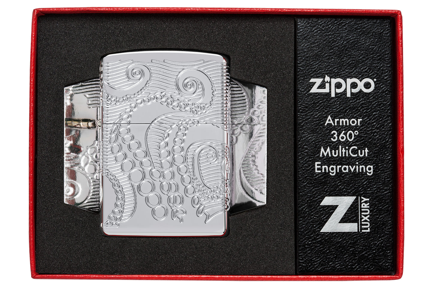 Zippo Tentacles Design Armor® High Polish Chrome Windproof Lighter in its packaging.