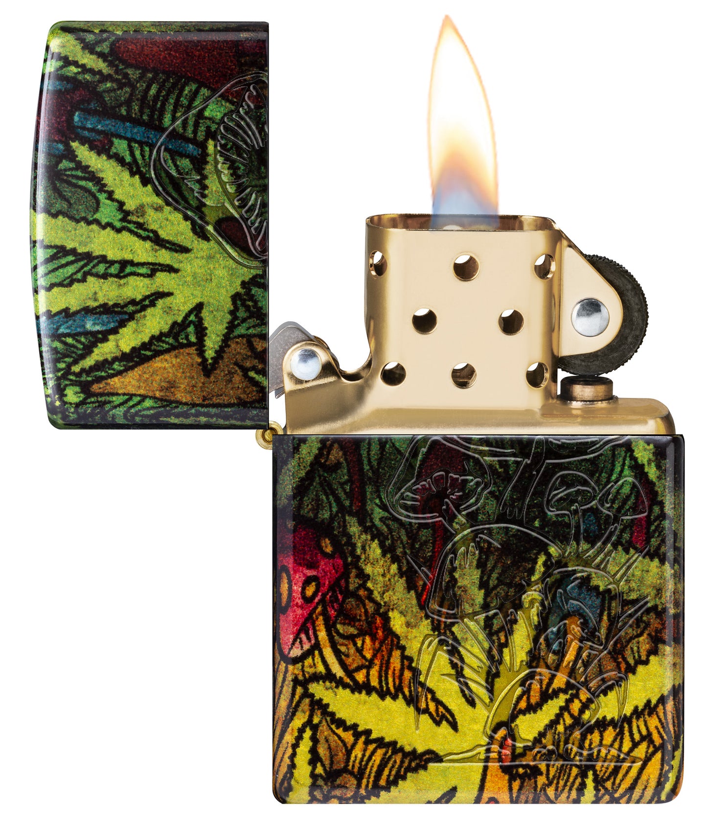Zippo Fungi Fusion Design 540 Tumbled Brass Windproof Lighter with its lid open and lit.