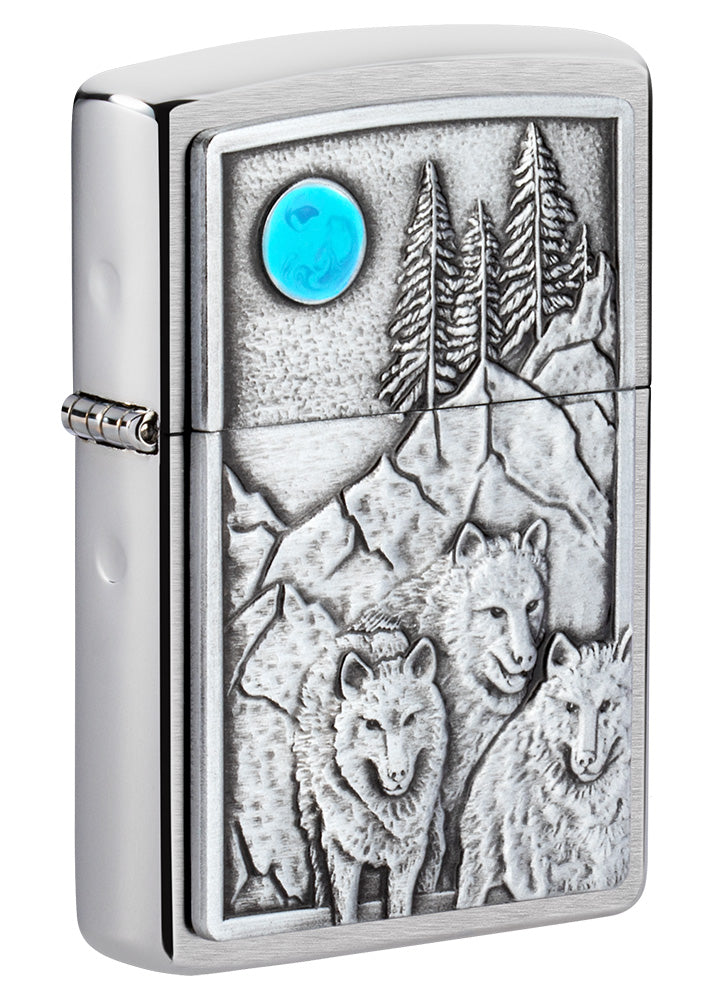 ◆ゆっち◆ Wolf Pack and Moon Emblem Brushed Chrome Windproof Lighter