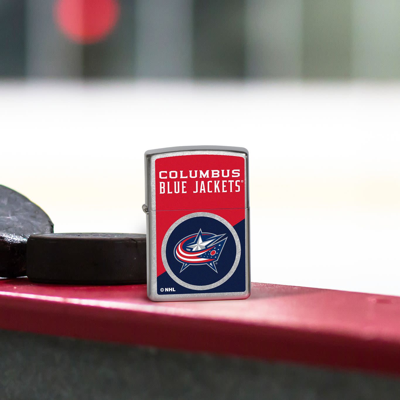 Front view of Zippo NHL® Columbus Blue Jackets® 2024 Street Chrome™ Windproof Lighter.