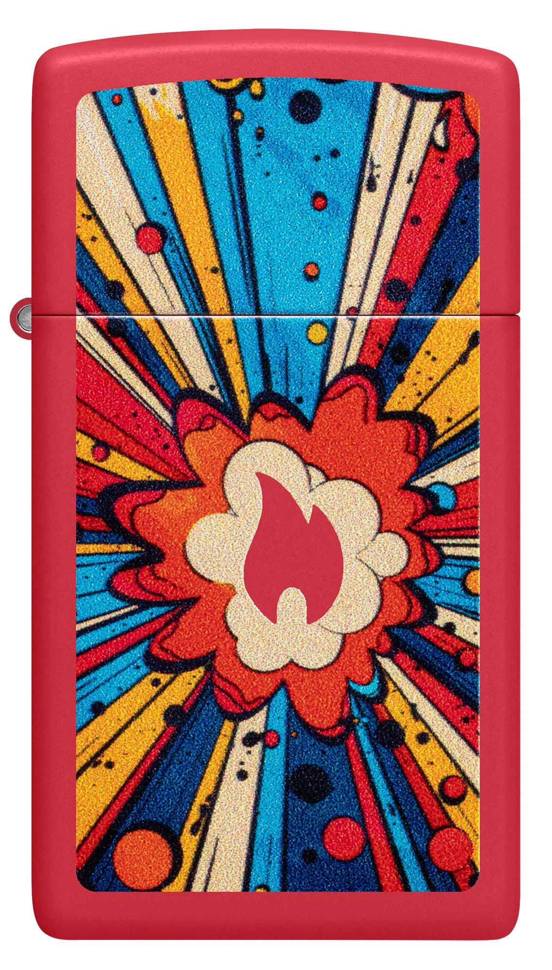 Front view of Zippo Comic Blast Design Slim Red Matte Windproof Lighter.