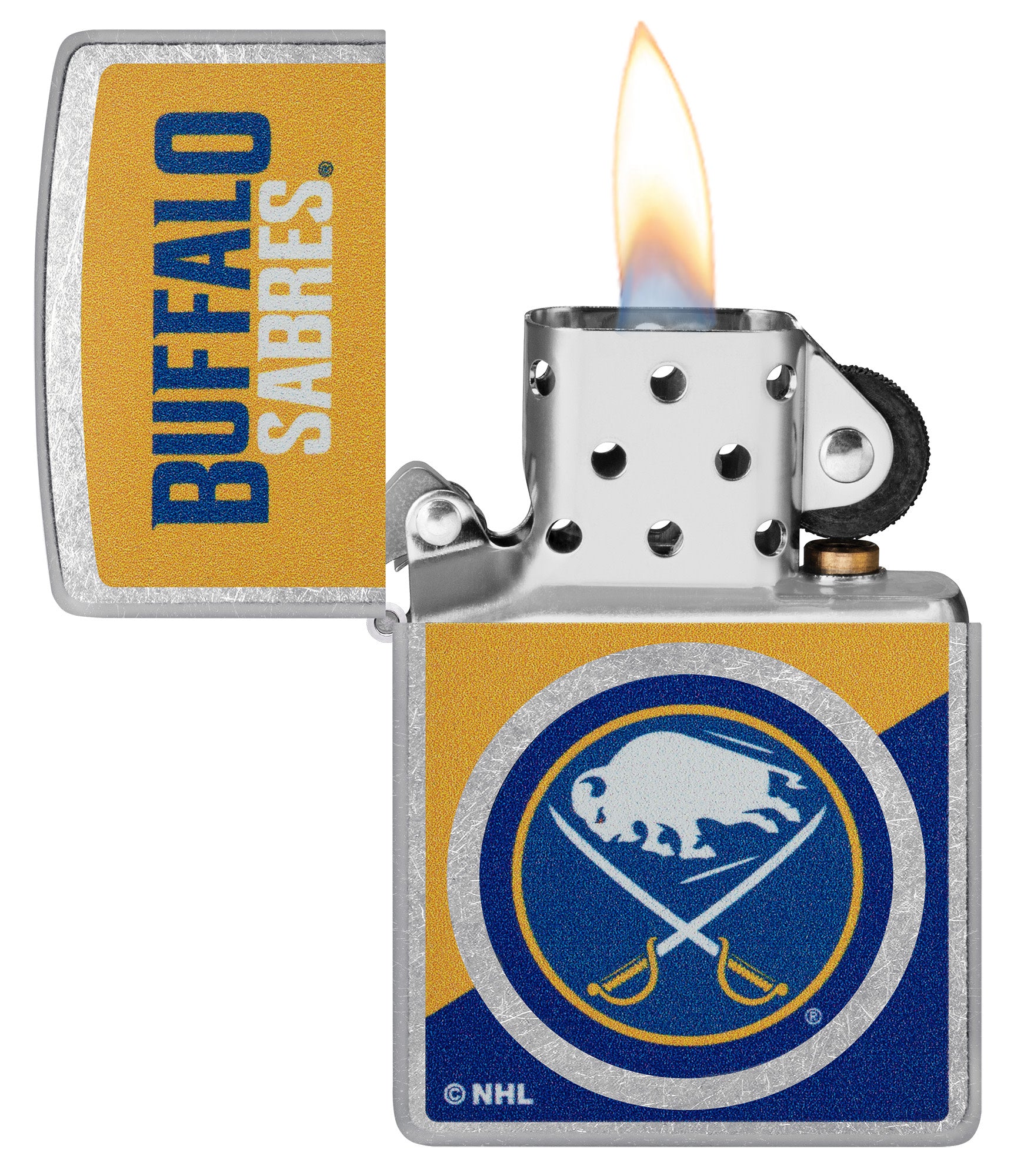 Zippo NHL® Buffalo Sabres® 2024 Street Chrome™ Windproof Lighter with its lid open and unlit.