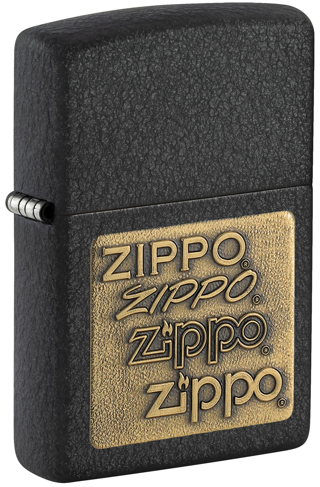 Front view of the Black Crackle® Brass Zippo Logo Emblem Lighter shot at a 3/4 angle