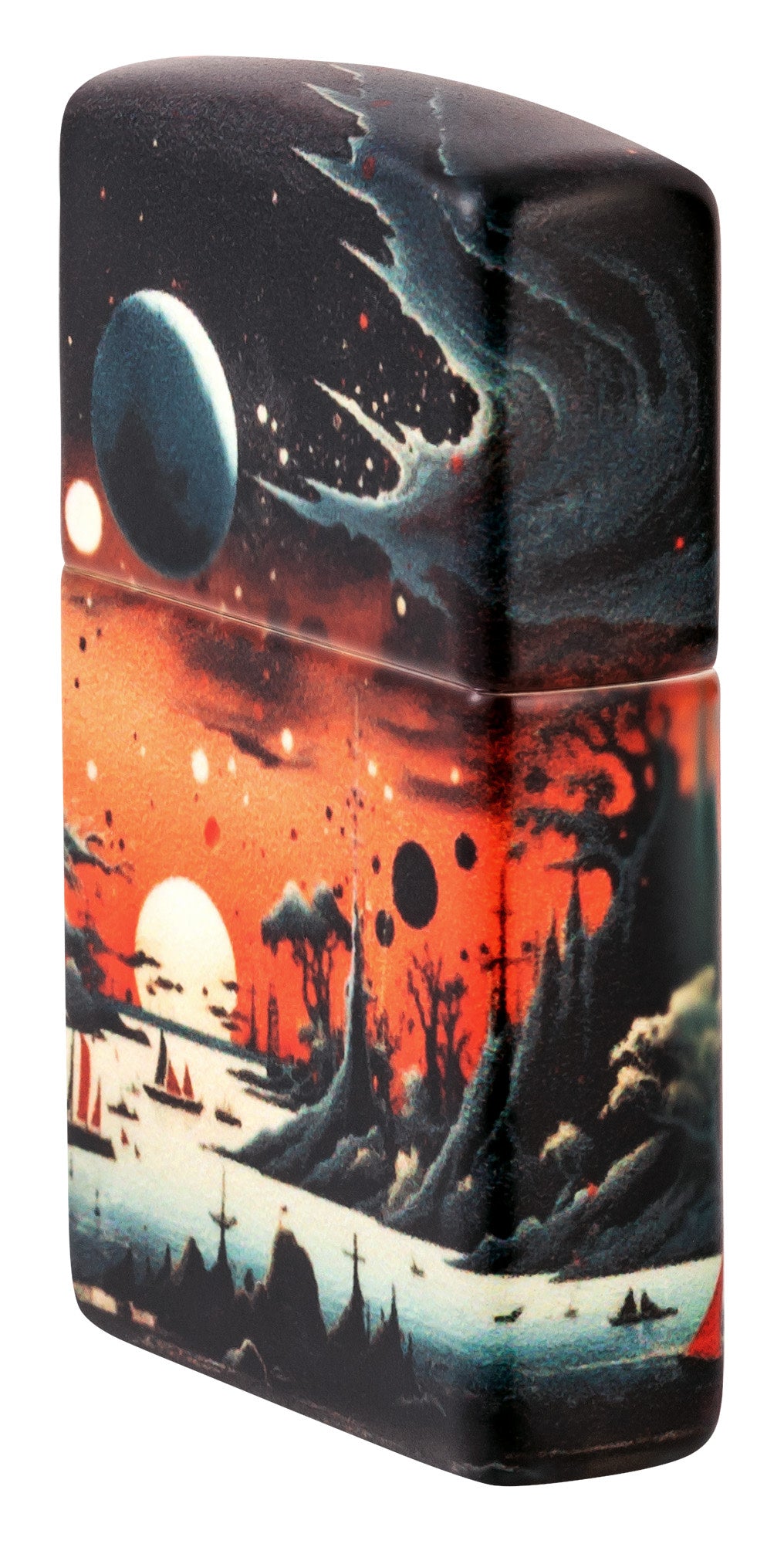 Angled shot of Zippo Galactic Landscape Design 540 Matte Windproof Lighter showing the front and right side of the lighter.