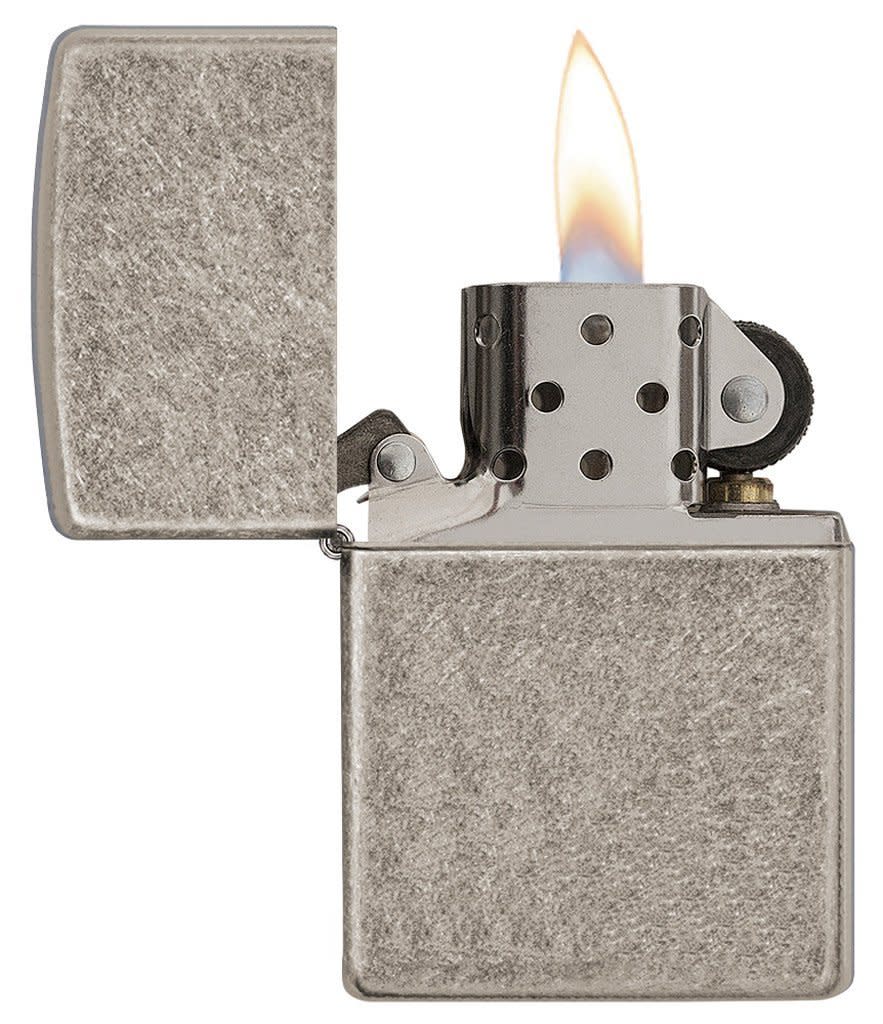 Armor® Antique Silver Plate Windproof Lighter with lid open and lit